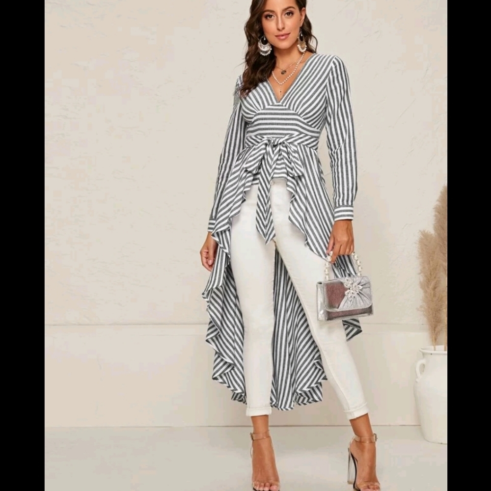 V-neck Belted Long Back Striped Top